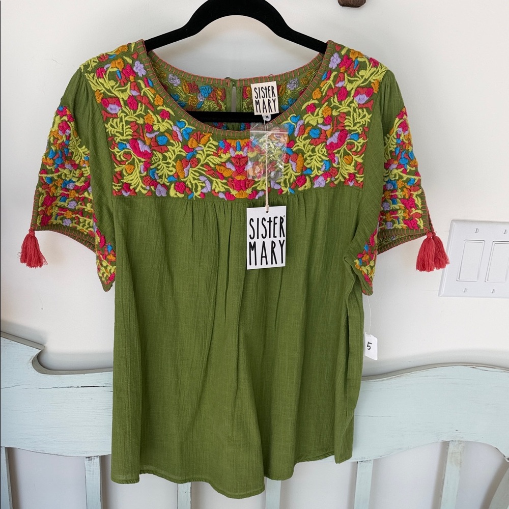 Sister Mary Olive Green Embroidered Short Sleeve Blouse